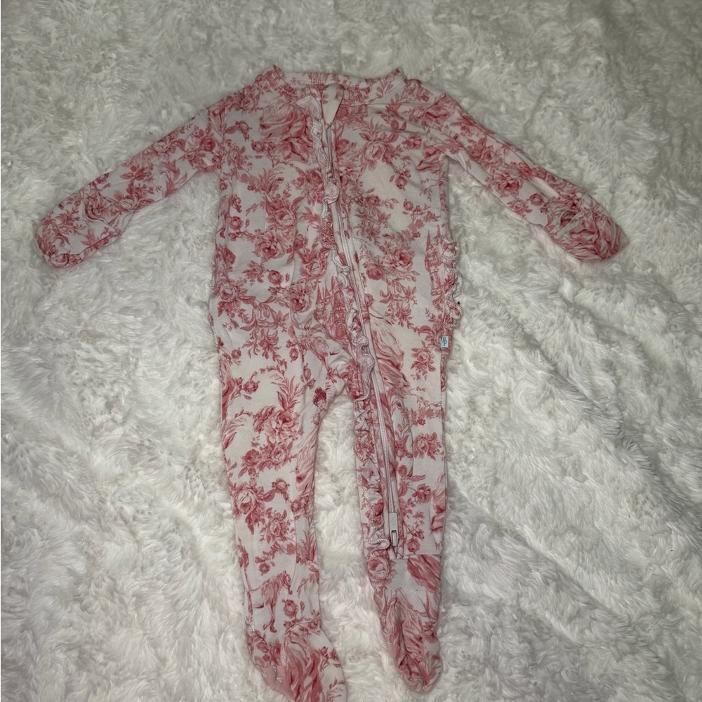 Posh Peanut Pink Toile Ruffle Footed Pajamas